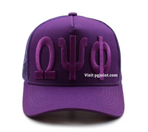 Purple on purple ΩΨΦ trucker hat Omega Psi Phi